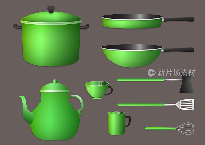 Realistic green kitchen utensils set